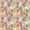 Dogs cute drawing, seamless pattern beige background