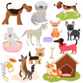 Dogs of different breeds, puppy set cute pets, vector illustration. Funny animals cartoon characters, playful puppy Royalty Free Stock Photo