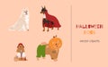 Dogs in different Halloween costume. Ghost, vampire, little girl and scarecrow. Happy Halloween vector illustration