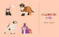 Dogs in different Halloween costume. Pirate, Grim Reaper, mummy and witch. Happy Halloween vector illustration. Ideal