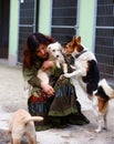 dogs in dog shelter and woman. Animal shelter.