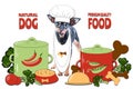 Dogs food concept, healthy pet food. Cooked with love. Photo and illustration, cartoon style. Royalty Free Stock Photo
