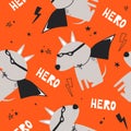 Colorful seamless pattern with dogs, lightnings. Decorative cute background, funny animals. Super hero