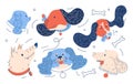 Dogs heads in blue and orange colors. Vibrant puppies collection decorated with lines