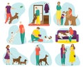 Dogs owners set of flat vector illustration, happy people having fun with pets, man and women training, feeding and