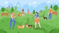 Dogs at park. Pets playing in dog park, people walk and play with dogs in outdoor yard, urban dog park landscape