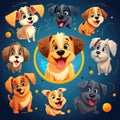 Dogs, pattern of funny cartoons on colored backgrounds, illustration for graphic design of children\'s themes and stories Royalty Free Stock Photo