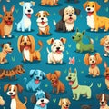 Dogs, pattern of funny cartoons on colored backgrounds, illustration for graphic design of children\'s themes and stories Royalty Free Stock Photo