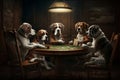 Dogs playing poker in a cozy atmosphere. Generative AI