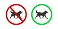 Dogs prohibited and allowed icon. Pets walking ban and friendly zone pictogram. Canine silhouette in red forbidden and