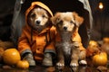 dogs in raincoat celebrating halloween.