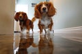 dogs reflection in a puddle of drool, treat nearby