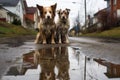 dogs reflection in a puddle on a rainy day walk