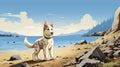 Nostalgic Children\'s Book Illustration: Siberian Husky Puppy By The Shores Of British Columbia Royalty Free Stock Photo