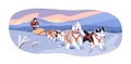 Dogs running in harnesses, people in sled sleigh. Riding sleddogs in snow, winter holiday at North Pole. Dogsledding, northern