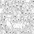 Cute dogs black and white seamless pattern. Funny puppy characters background