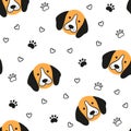 Dogs seamless pattern with face of Beagle. Texture with dog heads. Hand drawn vector illustration in doodle style on