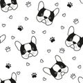 Dogs seamless pattern with face of French bulldog. Texture with dog heads. Hand drawn vector illustration in doodle