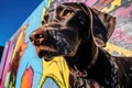 a dogs shadow against a colorful graffiti wall