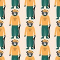 Dogs on a skateboard vector illustration. Funny animal character in clothes seamless pattern for kids. Royalty Free Stock Photo