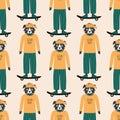 Dogs on a skateboard in a yellow cap vector illustration. Funny animal character in clothes seamless pattern for kids Royalty Free Stock Photo