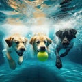 dogs swimming to get the ball Royalty Free Stock Photo