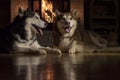 Dogs together by fireplace. Siberian husky. Animal care. Love and friendship. Domestic animals.