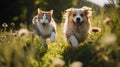 The dogs, with tongues lolling and tails wagging, playfully dart around the cats, AI generated Royalty Free Stock Photo