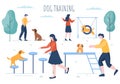 Dogs Training Center at Playground with Instructor Teaching Pets or Play for Tricks and Jumping Skills in Flat Illustration