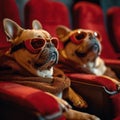 Dogs watching movie in cinema theater with glasses and bathrobe