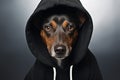 Dogs worried eyes peek from black hoodie with hood raised