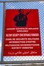 Military security zone, fence, sign, wall, Dogubayazit, Turkey, Middle East, mountain, Iranian border, driving, road