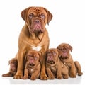 Dogue de Bordeaux with puppies close up portrait isolated on white background. Brave pet, loyal friend,