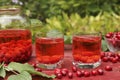 Dogwood compote in two glasses and jar on a wooden table on the garden, Horizontal format, Closeup