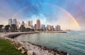 Doha city skyline city with rainbow, Qatar