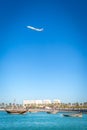 Doha, Qatar - Jan 8th 2018 - A Boeing 747 of Qatar Airways takes off of Doha International Airport in a blue sky day of the winter