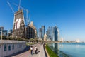 Doha, Qatar - Jan 8th 2018 - Moderns buildings under construction in downtown Doha in a blue sky day in Qatar.