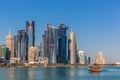 DOHA, QATAR - JAN 8th 2018: The West Bay City skyline as viewed from The Grand Mosque on Jan 8th, 2018 in Doha, Qatar. The West Ba Royalty Free Stock Photo