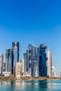 DOHA, QATAR - JAN 8th 2018: The West Bay City skyline as viewed from The Grand Mosque on Jan 8th, 2018 in Doha, Qatar. The West Ba Royalty Free Stock Photo