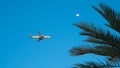 Doha,qatar- 15 july 2020: Qatar airways flight flying over pear qatar. Qatar airways Royalty Free Stock Photo