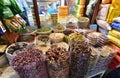 Doha, Qatar - Nov 21. 2019. Dry rose flowers and other spices on Souq Waqif - marketplace for selling traditional garments