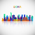 Doha skyline silhouette in colorful geometric style.