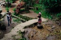 Doi Pui Tribal Village, Chiang Mai, Thailand, 12.16.18: Asian tourist dress up in traditional clothing of the Hmong tribe. Royalty Free Stock Photo