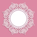Doily frame with copy space for your text. Paper cut out invitation or greeting card template on pastel pink. Girly.