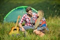 Doing everything together. country music. romantic date. happy friends with guitar. couple in love spend time together Royalty Free Stock Photo