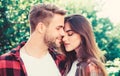 Doing everything together. hipster couple outdoor. man and woman in checkered shirt relax in park. valentines day Royalty Free Stock Photo