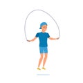 Young athlete is engaged in exercises with jump rope, squats.