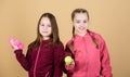 Doing whatever they want. Sport success. gym workout of teen girls. Tennis racket and ball for activity. Little girl