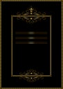 Gold rectangular frame of strokes, with a pattern of gold calligraphic curves and curls with crown and cross on a black background