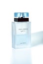 Dolce & Gabbana perfume bottle on white background, light blue parfum.